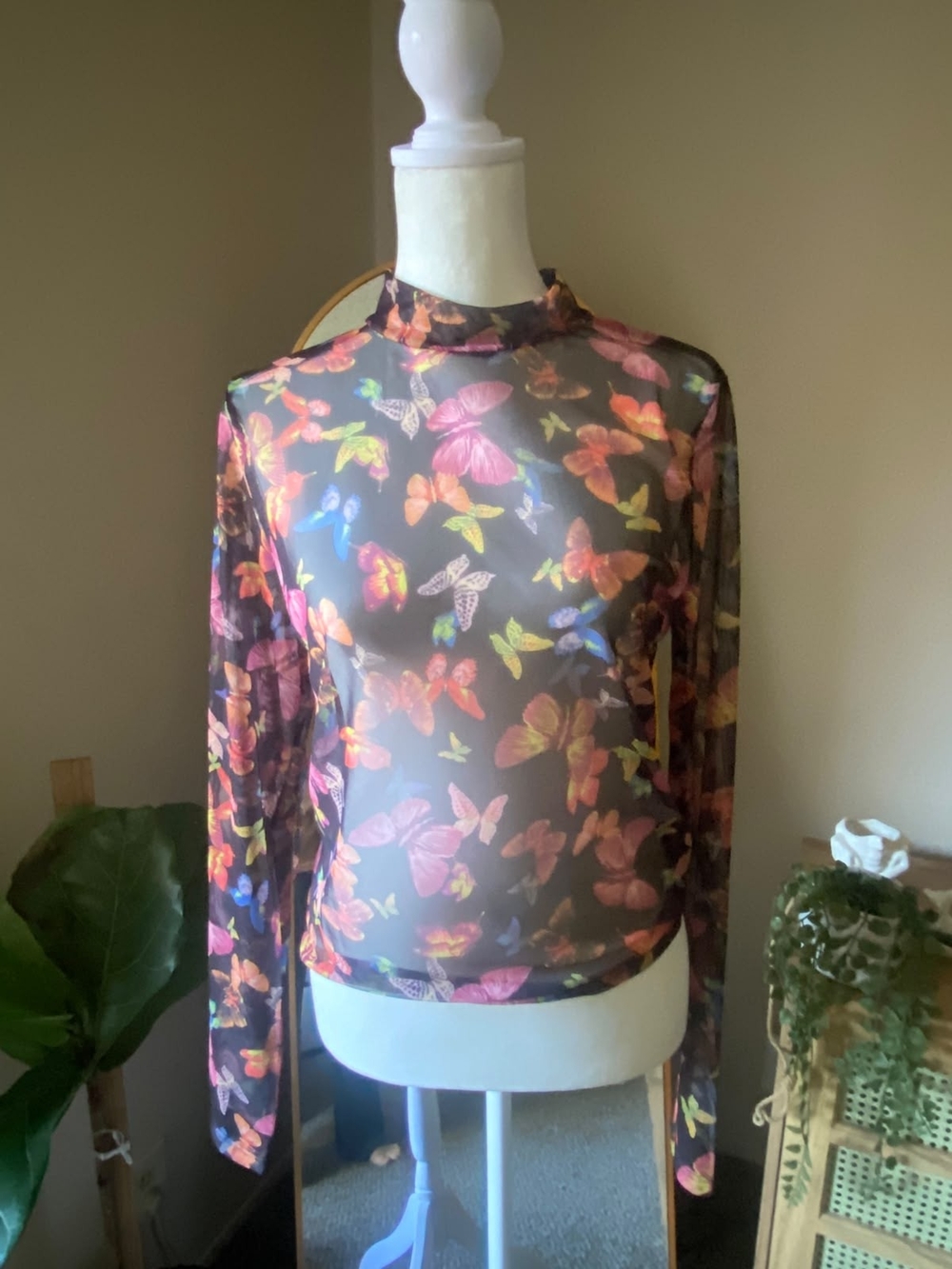 Lana Souxs Sheer Butterfly Print Long-Sleeve Top